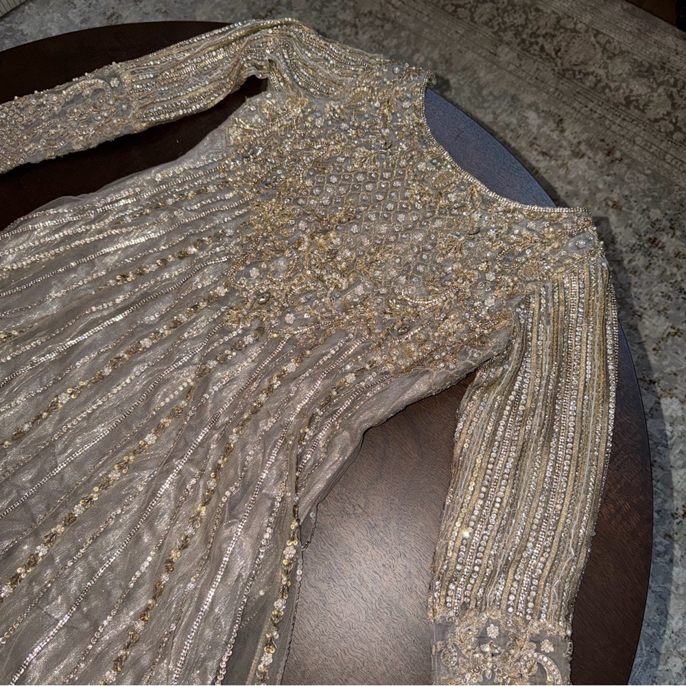 Elegant Beaded Long Sleeve Pakistani dress- silver/grey